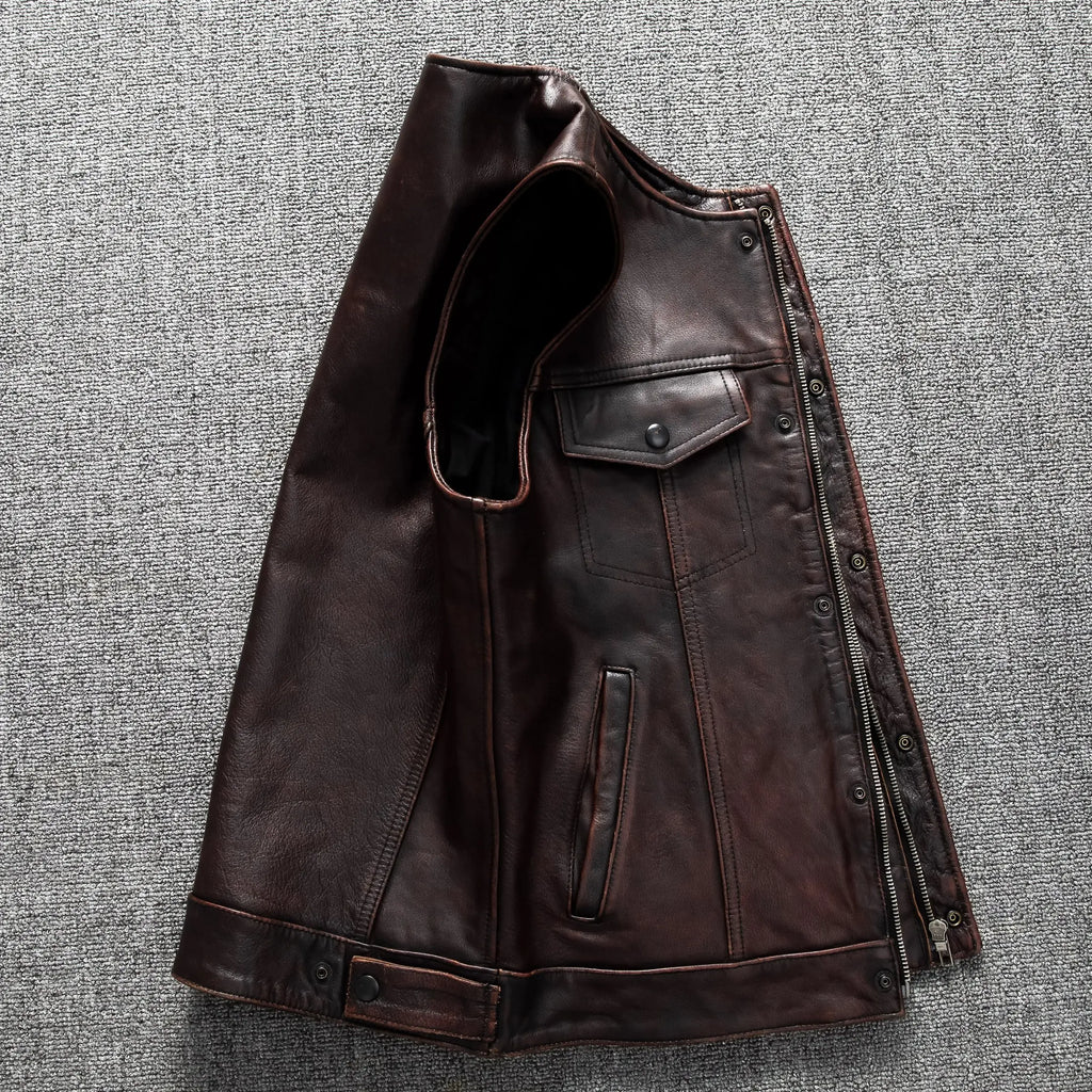 Red Brown Spring Leather Vest Men Retro Style Plus Size 6XL Genuine Natural Cowhide O-Neck Collar Slim Fit Short Sleeveless Coat