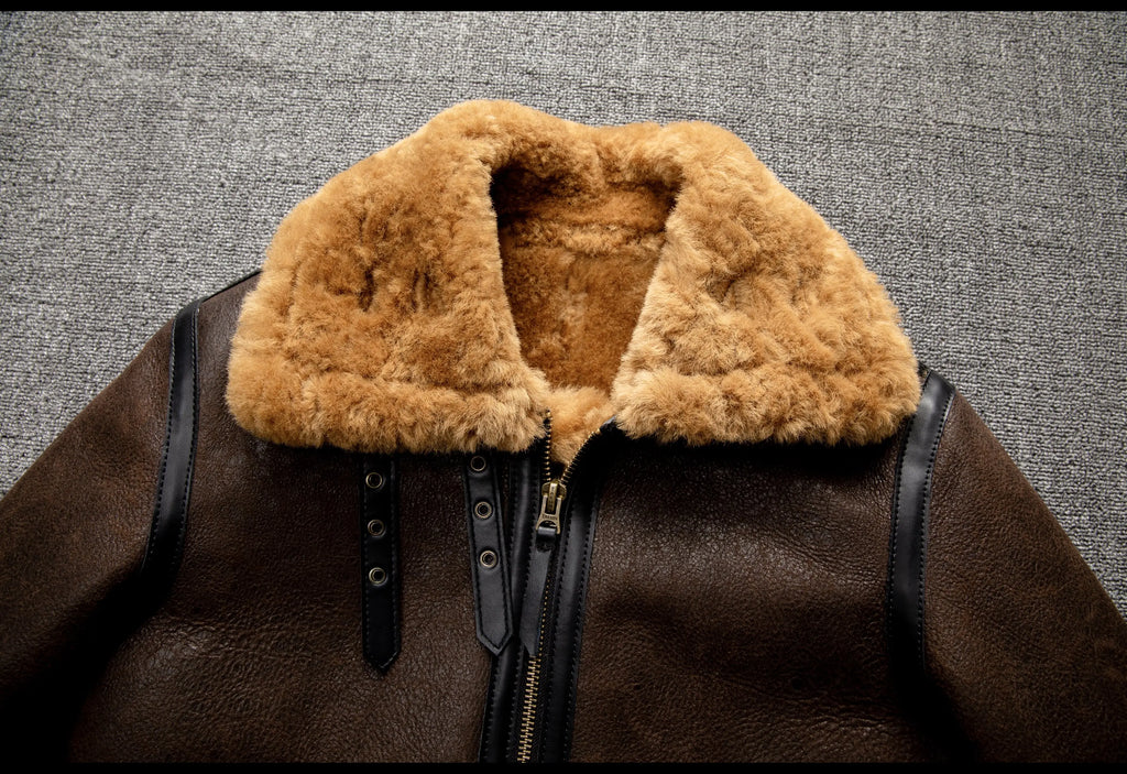 Brown Winter Shearling Jacket Men Retro Style Plus Size 5XL Genuine Natural Sheepskin Turn-Down Collar Thick Warm B3 Flight Coat