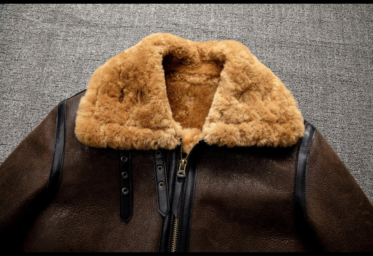 Brown Winter Shearling Jacket Men Retro Style Plus Size 5XL Genuine Natural Sheepskin Turn-Down Collar Thick Warm B3 Flight Coat