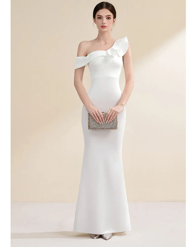 Elegant Evening Gown Slimming Fish Tail Dress Fashionable Shoulder Bared Polyester Long Sleeve High Waist Party Dress