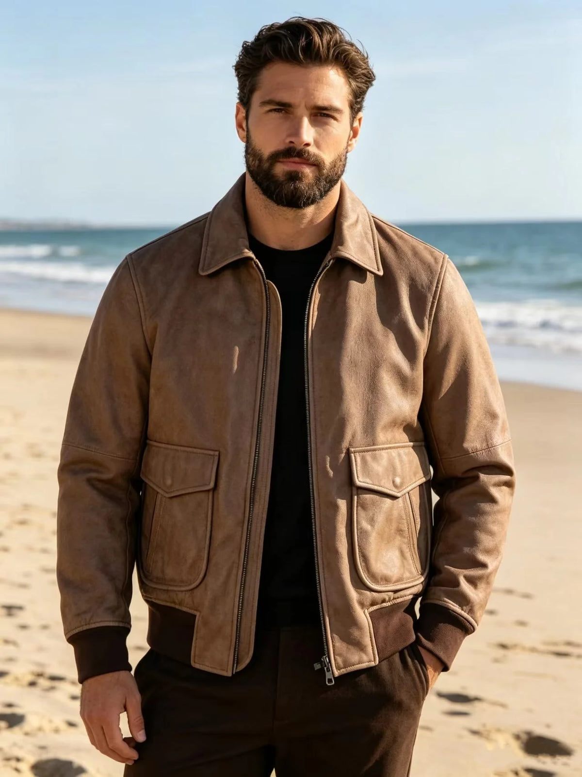 Light Brown Winter Leather Jacket Men Military Style Plus Size 5XL Genuine Natural Cowhide Turn-Down Collar Retro Flight Coat