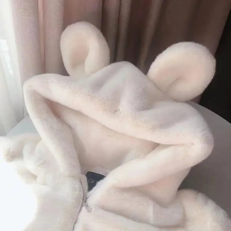Autumn Winter Thickened Bear Ear Hooded Coat Women's Fashionable Fluffy Simulation Fur Jacket Cute Long-Line Casual Outfit
