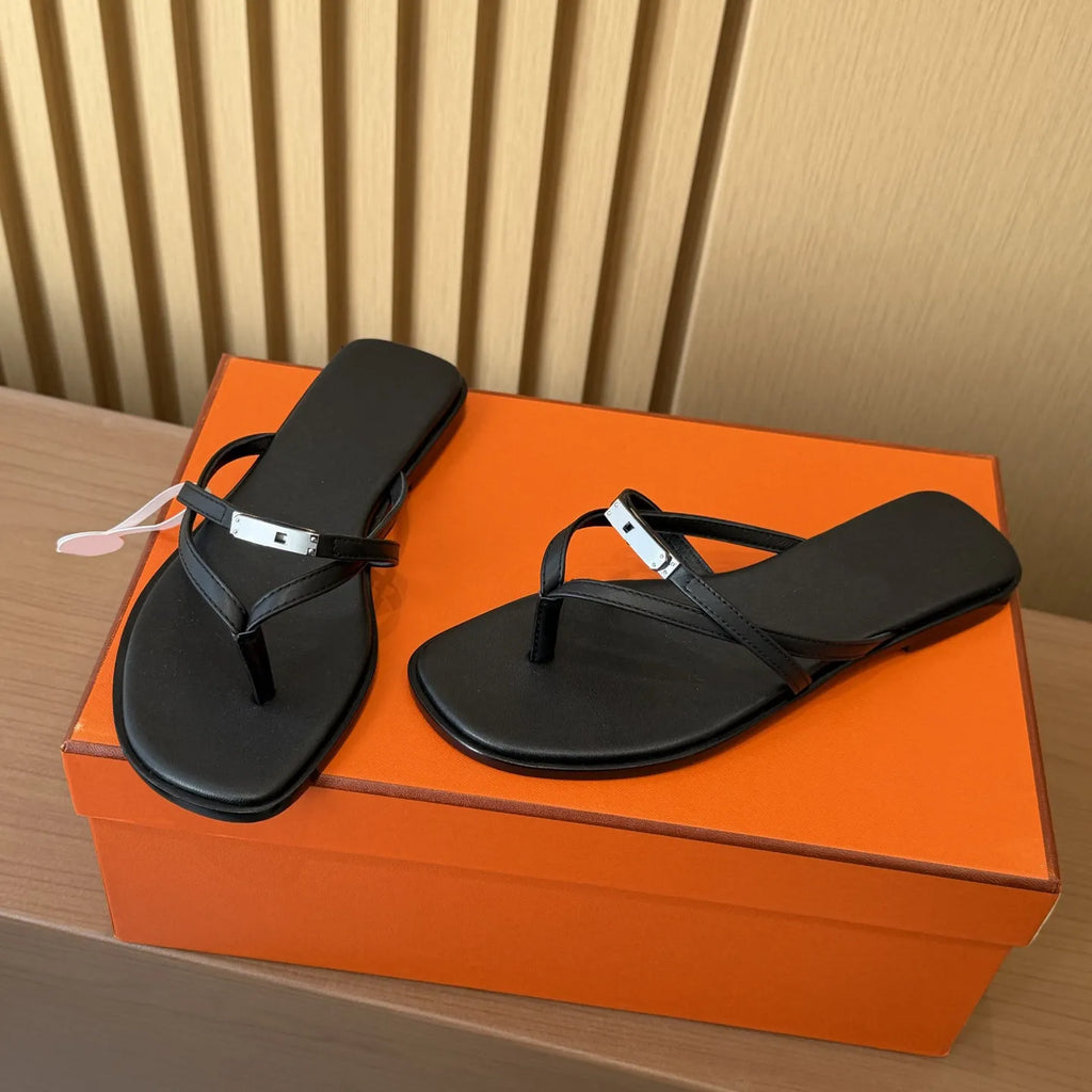 Summer 2026 Women's Casual Metal Lock Buckle Sandals Thong Slippers with Strap for Outdoor Beach Vacation Flat Heel Shoes