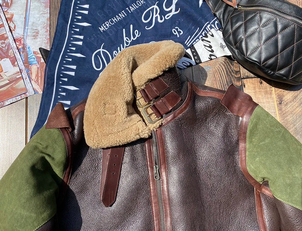 Dark Brown Winter Shearling Jacket Men Retro Style Plus Size 6XL Genuine Natural Thick Sheepskin Turn-Down Collar Flight Coat