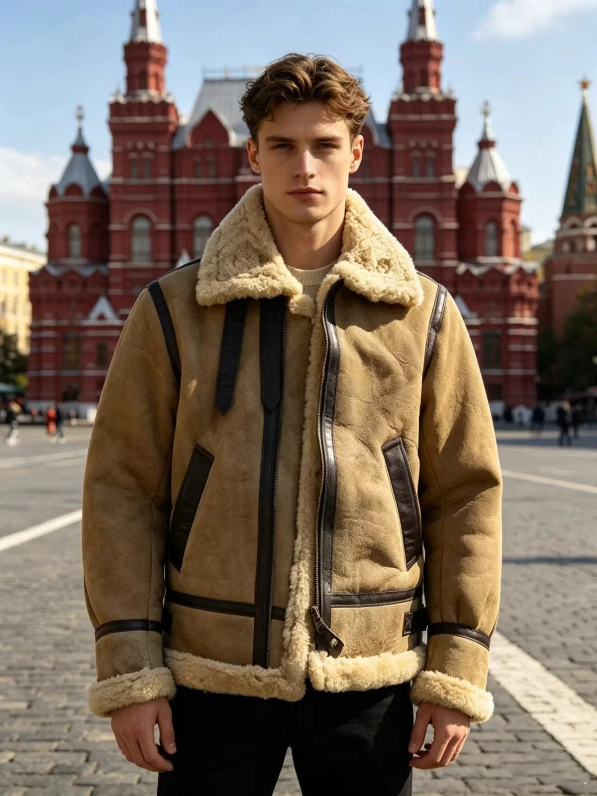Light Brown Winter Shearling Jacket Men Retro Style Plus Size 5XL Genuine Natural Thick Sheepskin B6 Bomber Military Flight Coat