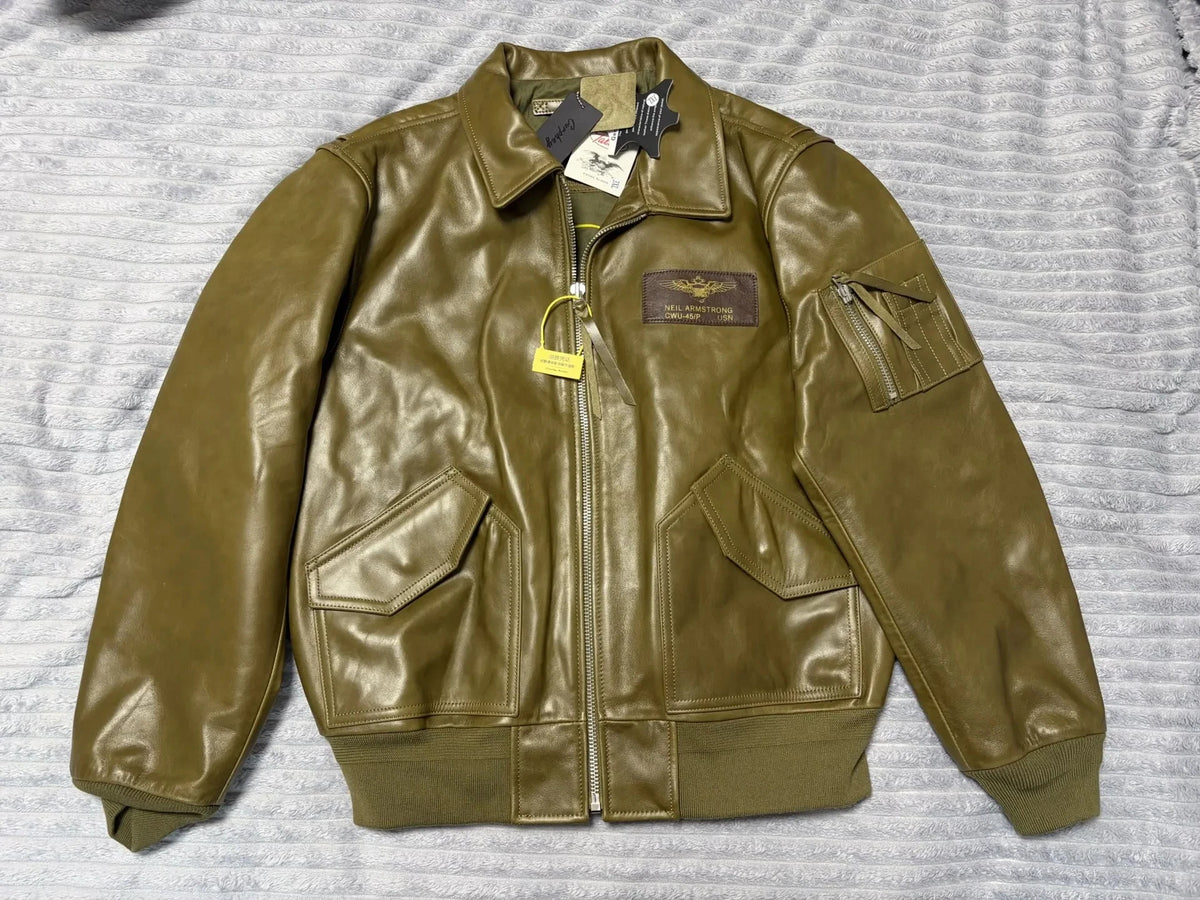 Olive Green Autumn Pilot Leather Jacket Men Military Style Plus Size 5XL Genuine Natural Cowhide CWU-45P Flight Leather Coat