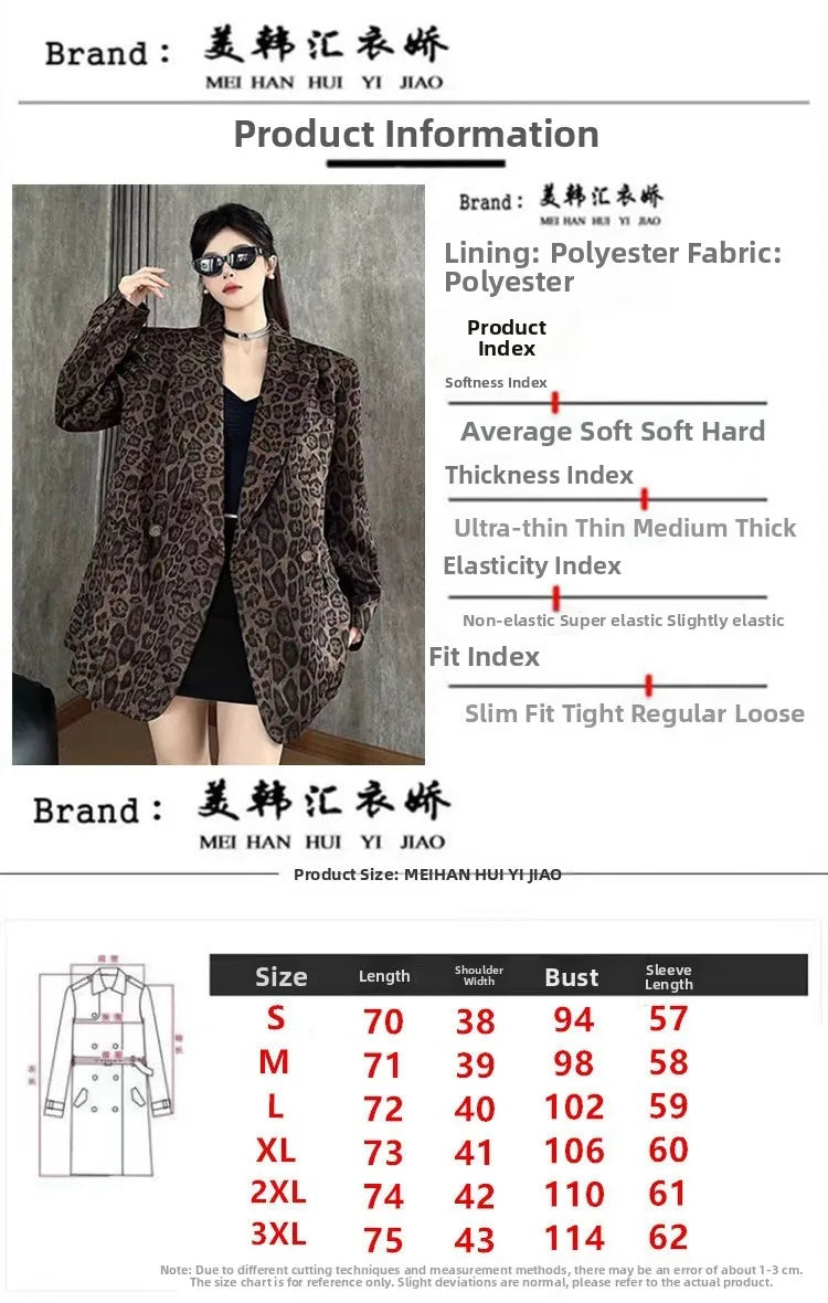 Ladies' Long Sleeve Leopard Print Suit Jacket Hepburn Style Casual Leisure Fashionable Mid-Length Coat Elegant Commute