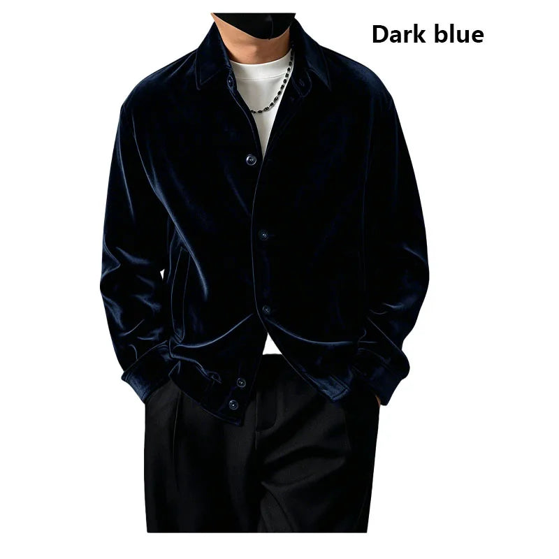 Natural Silk Velvet Men's Jacket - Long-sleeved Collar Formal Coat - Loose, Comfortable, Soft, Smooth, Casual Shirt