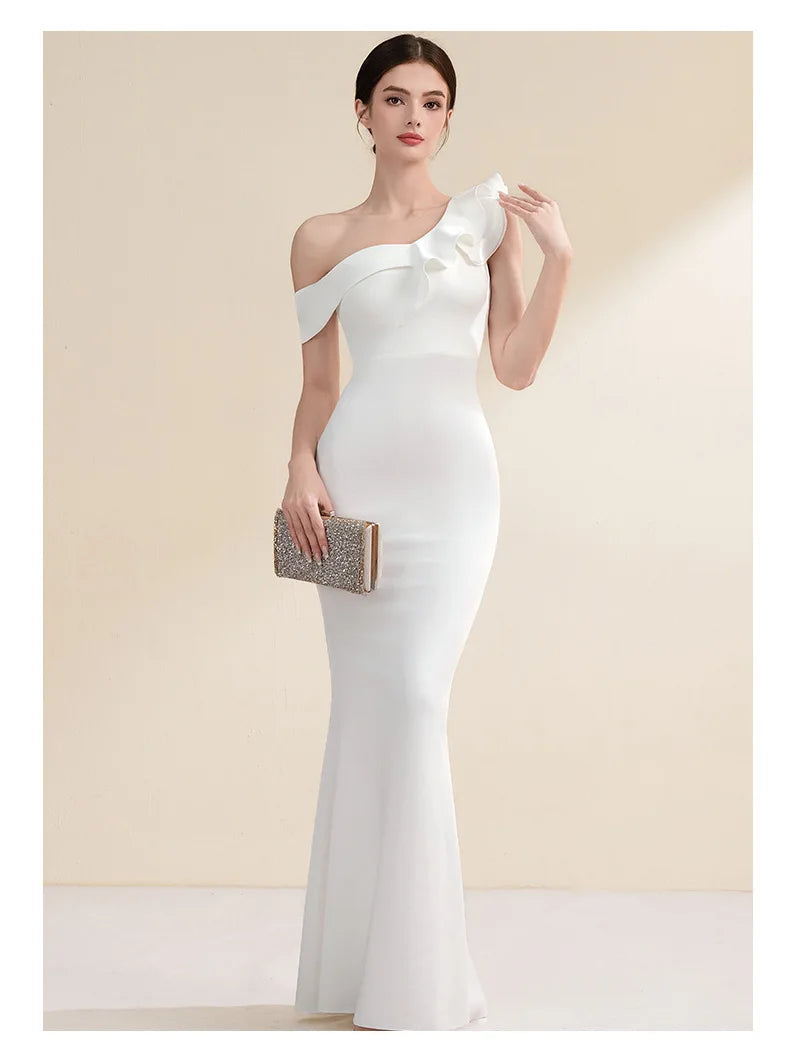 Elegant Evening Gown Slimming Fish Tail Dress Fashionable Shoulder Bared Polyester Long Sleeve High Waist Party Dress