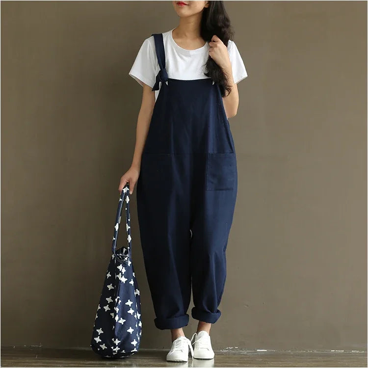 Artistic Vintage Deep Blues Cotton Strap Casual Trousers Women's 1701 European American Style