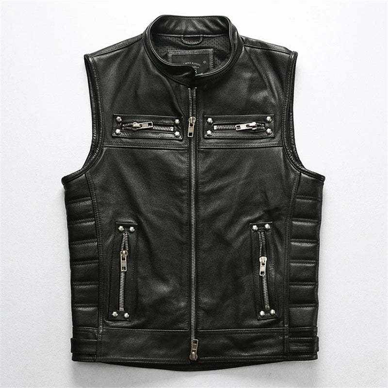 Red Brown Spring Leather Vest Men Retro Style Plus Size 4XL Genuine Natural Cowhide Stand Collar Motorcycle Sports Rivets Vest
