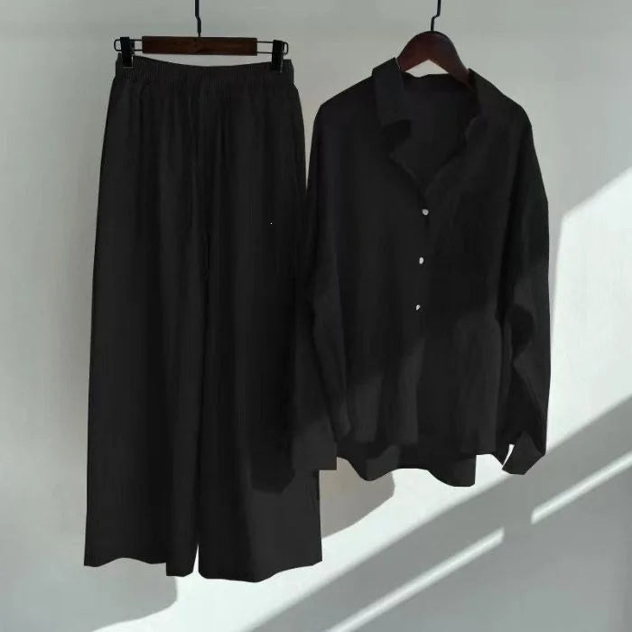 Retro Large Size Cotton Linen Shirt Set High Waist Loose Pants Two Piece Set Women's Clothing Casual Fashion Summer Season