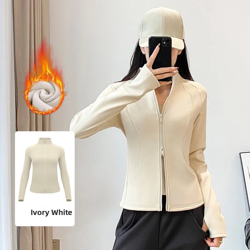 Fleece Lined Thickened Double Zipper Yoga Jacket Women's Autumn Winter Sporty Slim Fit All-Match Windproof Warm Top