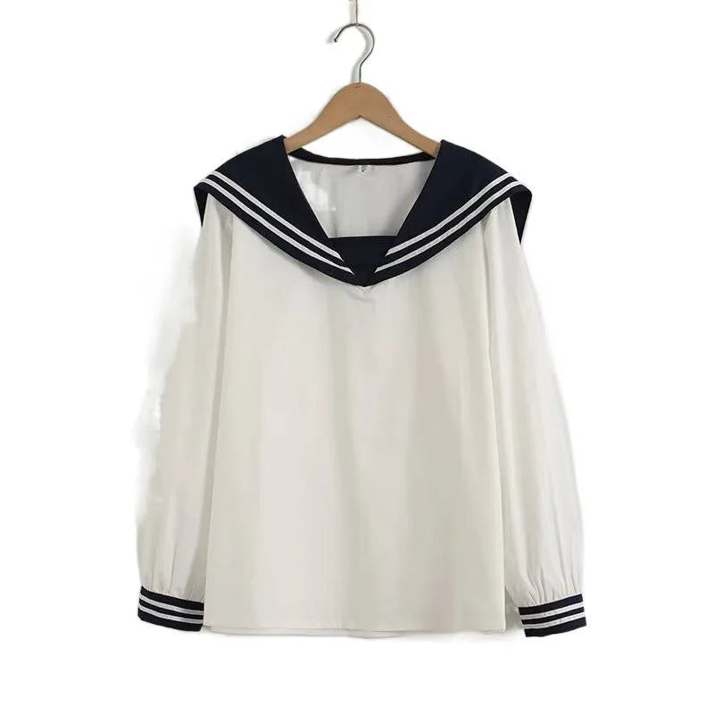 Loose Fit Striped Long Sleeve Crew Neck Women's Shirt Korean Style Navy Theme Autumn Fashion Fresh Sweet College Style
