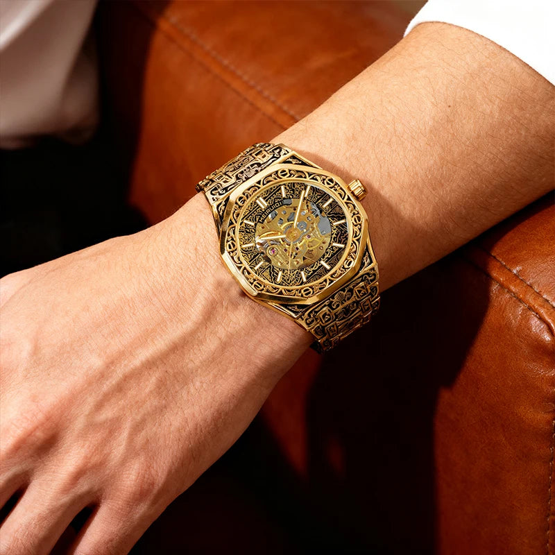 A men's yellow casual style high aesthetic fully automatic precision carved pattern stud mechanical watch