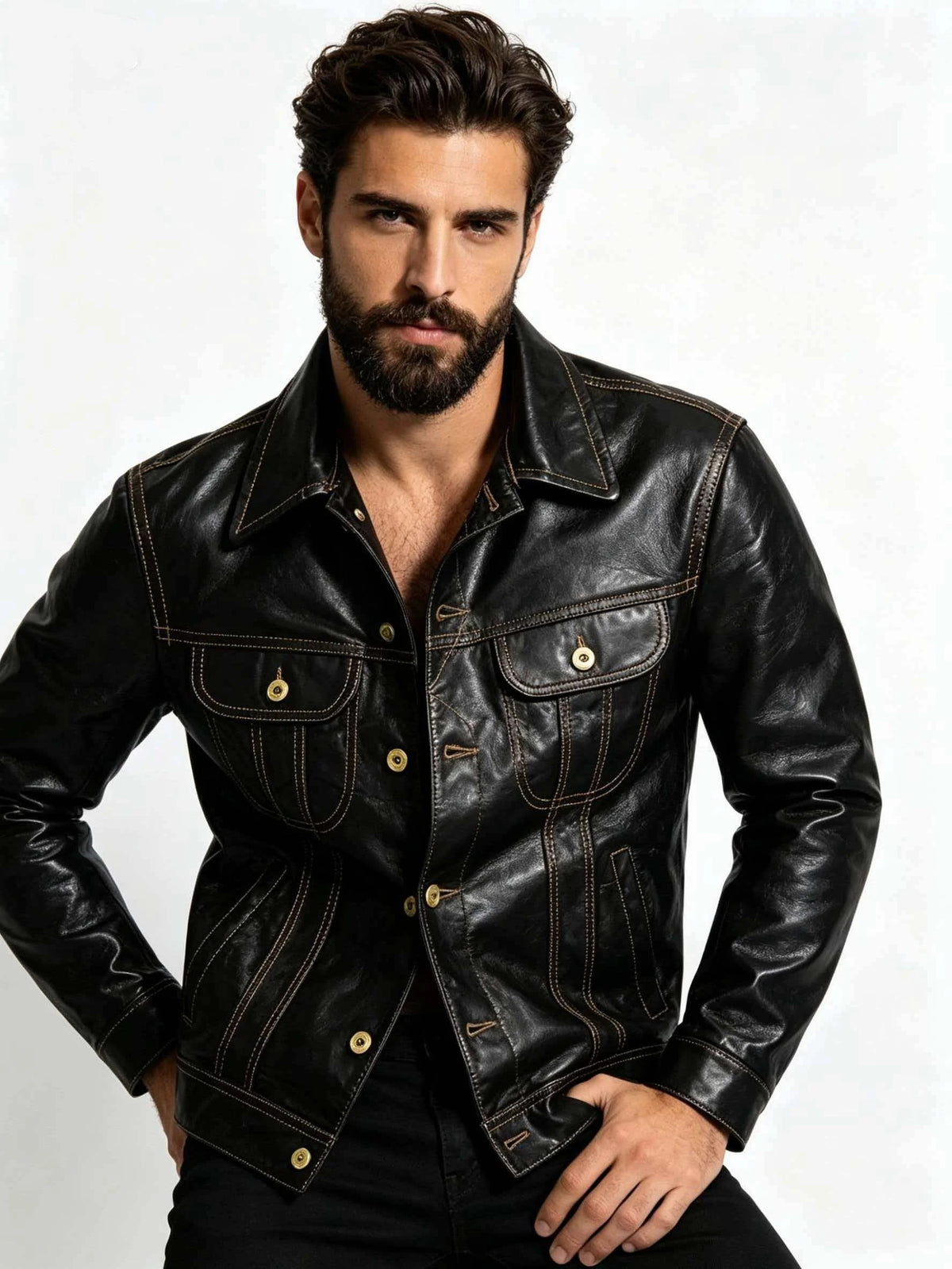 Black Autumn Leather Jacket Men Retro Style Plus Size 5XL Genuine Natural Sheepskin Turn-Down Collar Single Breasted Denim Coat