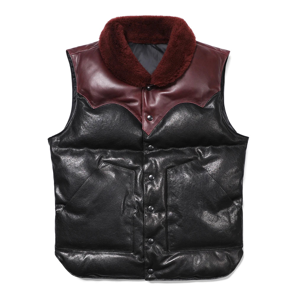 Genuine Natural Sheepskin Stand Collar Single Breasted Spliced Vest Black Winter Down Vest Men Casual Style Plus Size 5XL