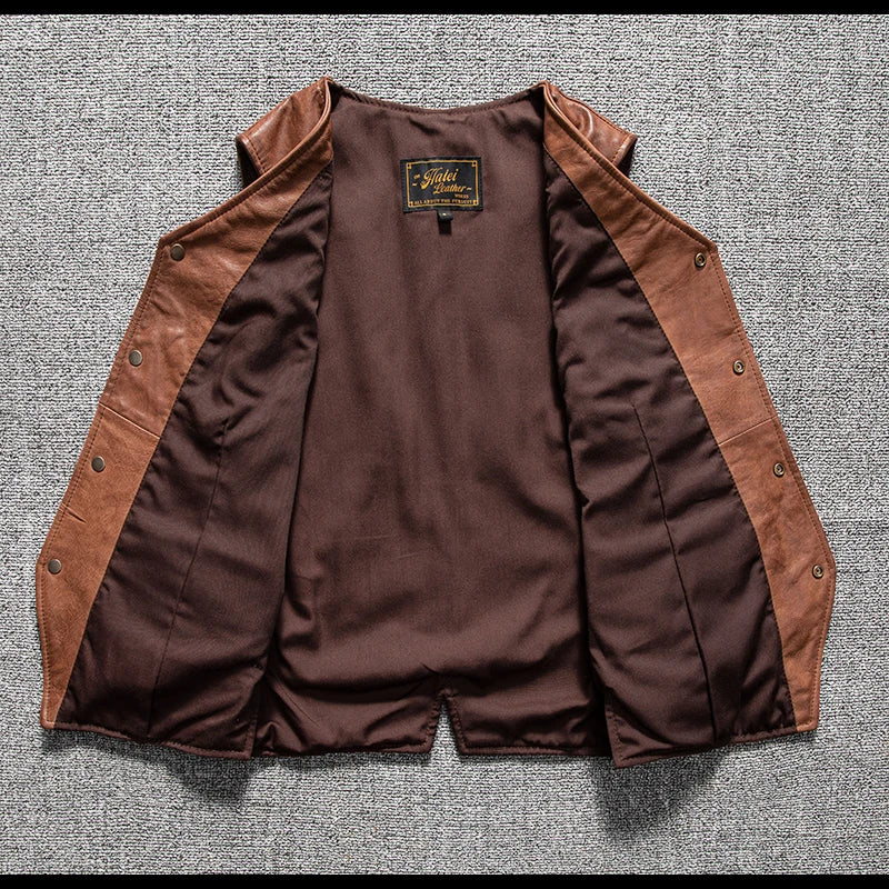 Brown Spring Leather Vest Men Retro Style Plus Size 5XL Genuine Natural Sheepskin Slim Fit Short Single Breasted Sleeveless Coat