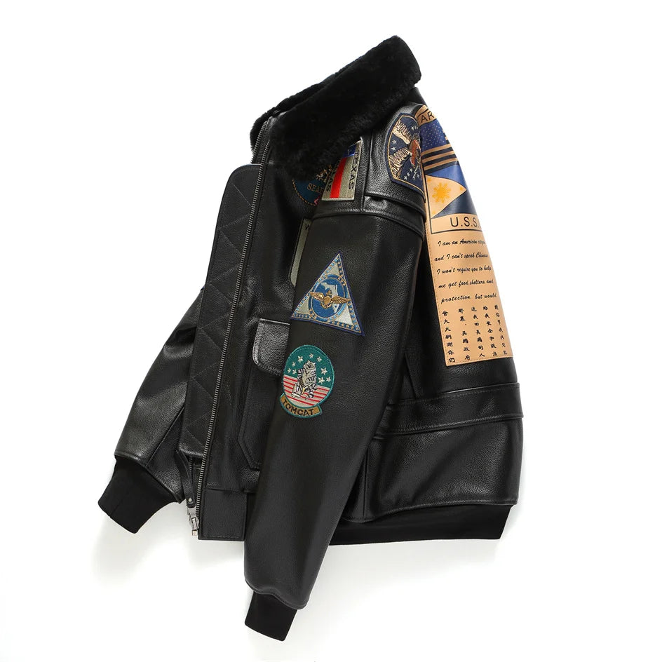 Dark Brown Pilot Leather Jacket Men Retro Style Genuine Natural Thick Cowhide Wool Collar Winter Military G1 Flight Coat