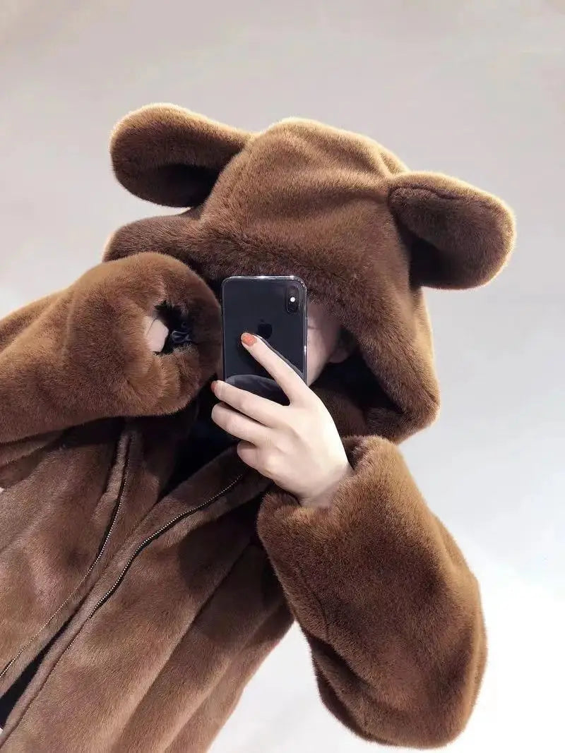 Autumn Winter Thickened Bear Ear Hooded Coat Women's Fashionable Fluffy Simulation Fur Jacket Cute Long-Line Casual Outfit