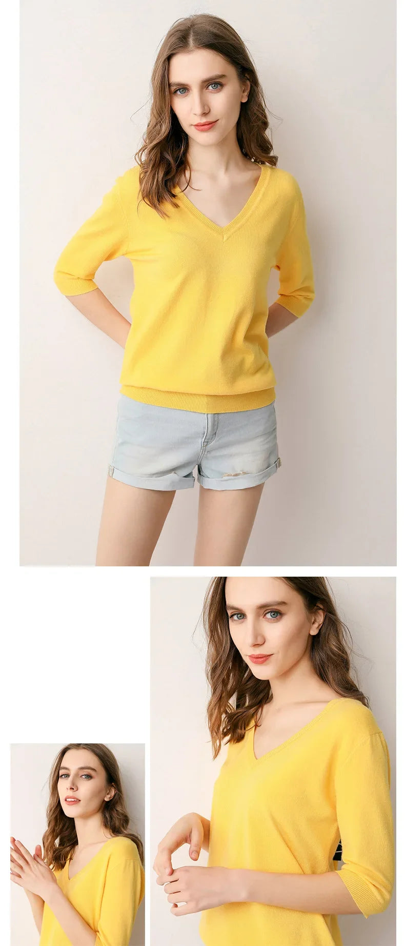 Spring Autumn New Style V-Neck Thin Knitted Loose Short Sleeve Women's T-Shirt Thin Summer Top Comfortable Base Layer Shirt