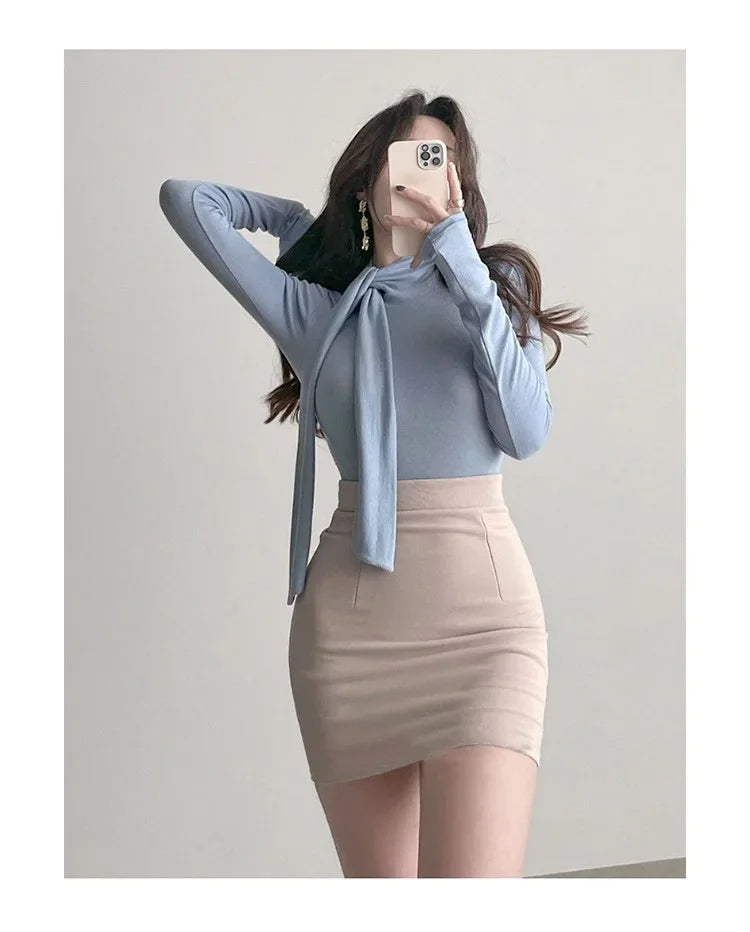 Korean Style Women's Long Sleeve T-Shirt Bow Design Halter Neck Slim Fit Comfortable Base Shirt Cotton Spring Summer Top