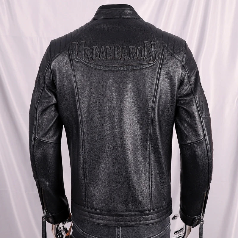Black Autumn Leather Jacket Men Sports Style Plus Size 5XL Genuine Natural Cowhide Stand Collar Slim Fit Short Coat