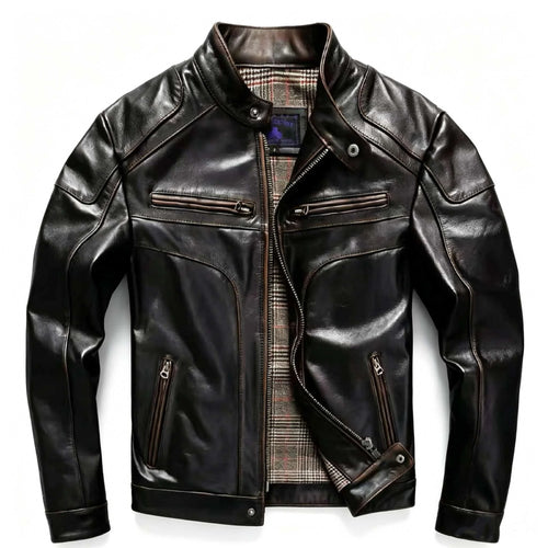 Black Autumn Leather Jacket Men Retro Style Plus Size 6XL Genuine Natural Cowhide Stand Collar Motorcycle Sports Vintage Coat