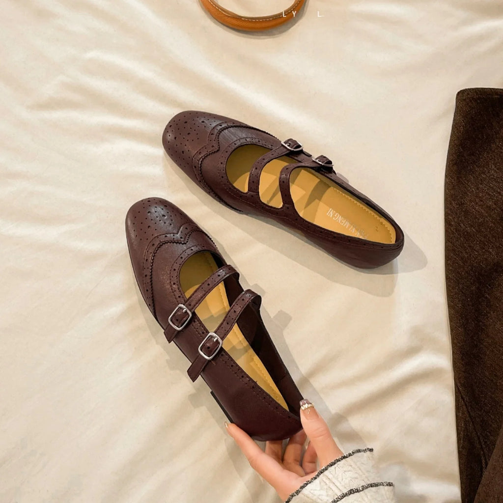 French Style Double Buckle Mary Jane Shoes Women's plus Size Flat Bottom Leather Version Beautiful Carving Spring Summer Autumn