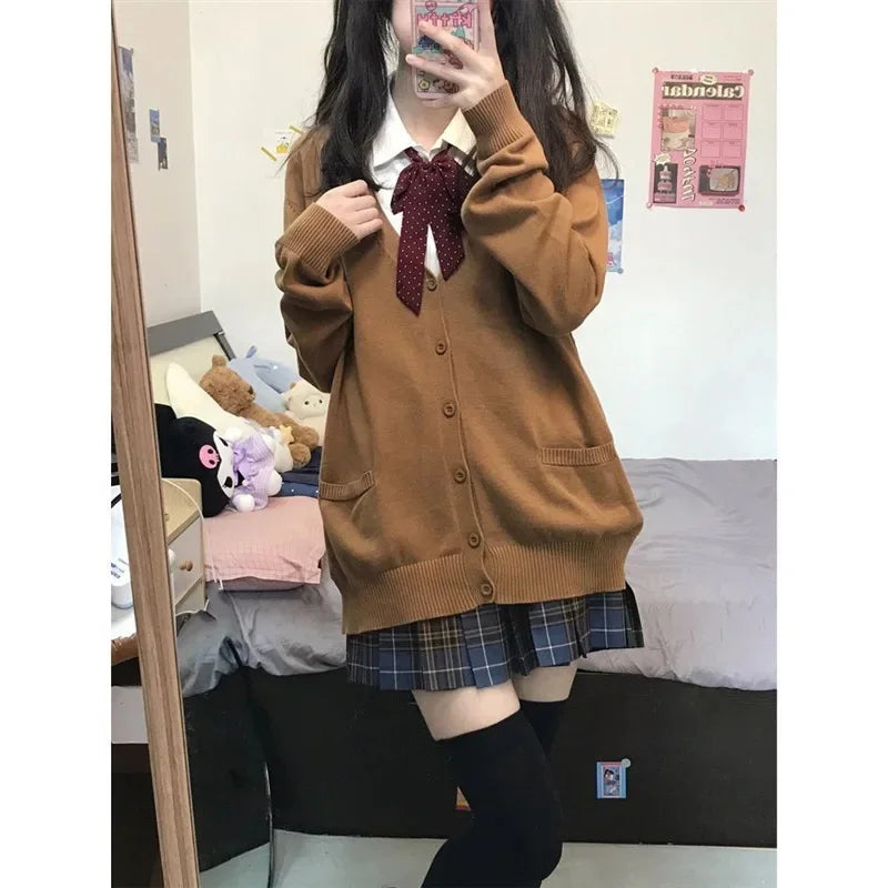 Women's Autumn/Winter Japanese Style Knitted Cardigan Sweater Preppy Style Long Sleeve Loose-Fit Top Layered Polo Collar