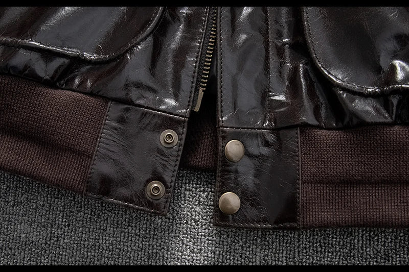 Men's Genuine Leather Military Flight Jacket | Real Leather Embroidered Patches G-1 Bomber Pilot High-Gloss Oil-Wax Brown
