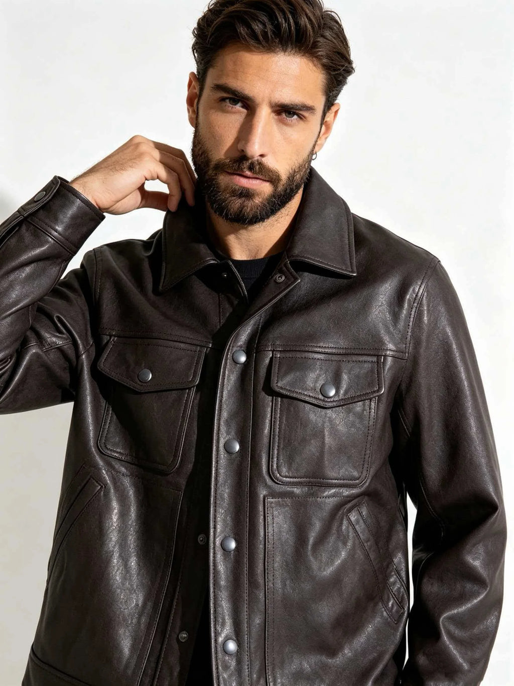 Black Autumn Leather Jacket Men Casual Style American Size Genuine Natural Sheepskin Turn-Down Collar Single Breasted Denim Coat