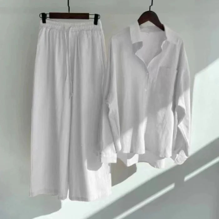 Retro Large Size Cotton Linen Shirt Set High Waist Loose Pants Two Piece Set Women's Clothing Casual Fashion Summer Season
