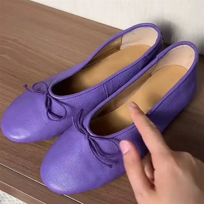 Soft Leather Purple Flat Ballet Flats Women's Shoes Gentle Lady Butterfly Knot Commuter round Toe Shoes Modern Minimalist Style