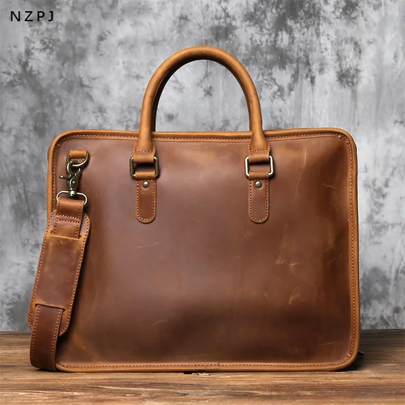NZPJ Vintage Genuine Leather Men's Briefcase Natural Cowhide Handbag Crossbody Leisure Commuting Computer Bag for Men