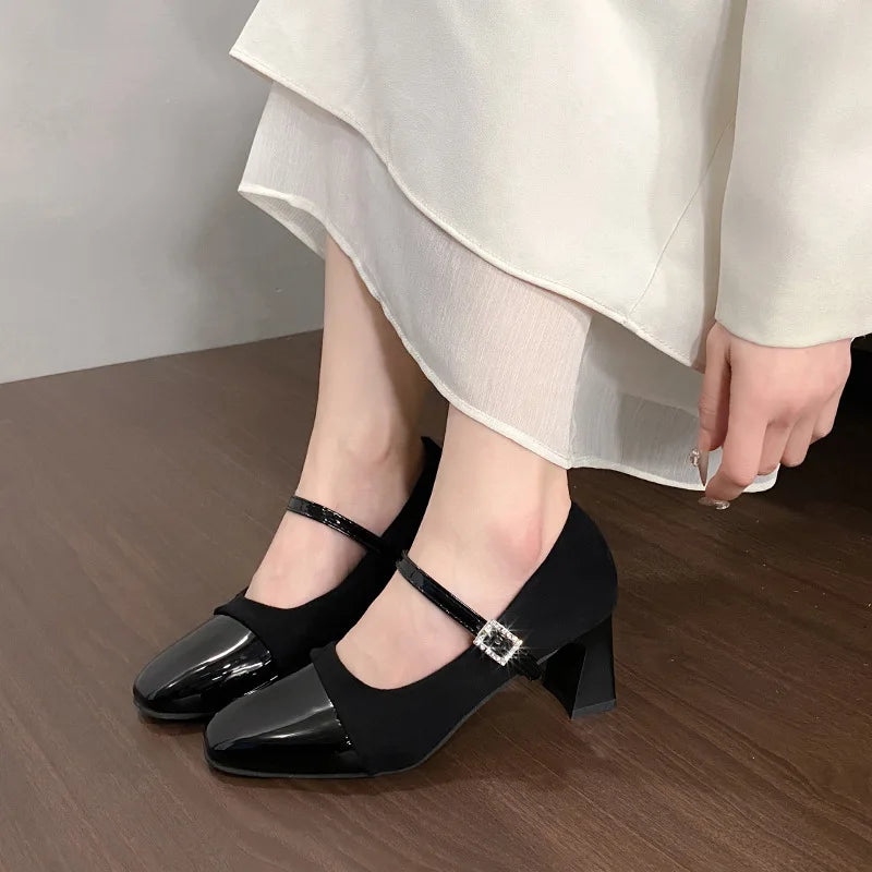 Korean Style Fashion Leopard Print Square Head Leather Color Block Rhinestone Buckle Velvet Surface Thick Heel Women's Shoes