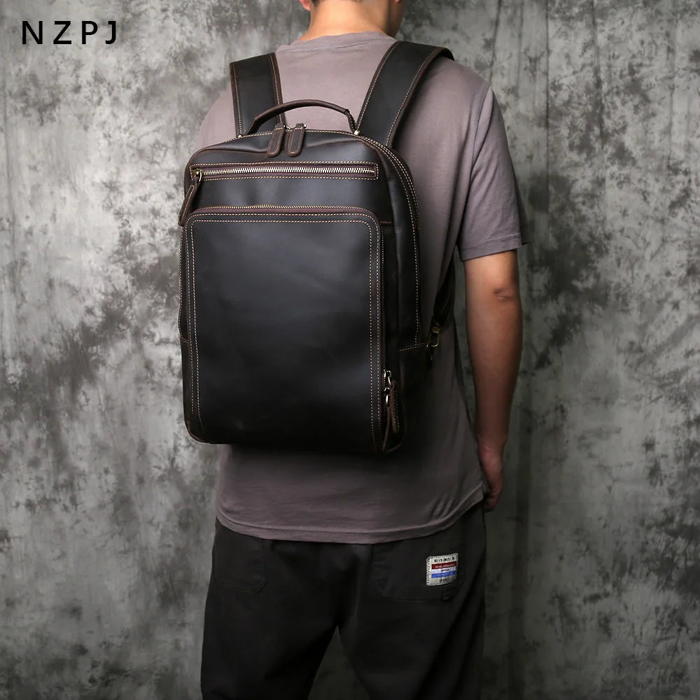 NZPJ Vintage Genuine Leather Men's Backpack Top-Grain Cowhide Business Laptop Bag Crazy Horse Leather Travel Bag For Business