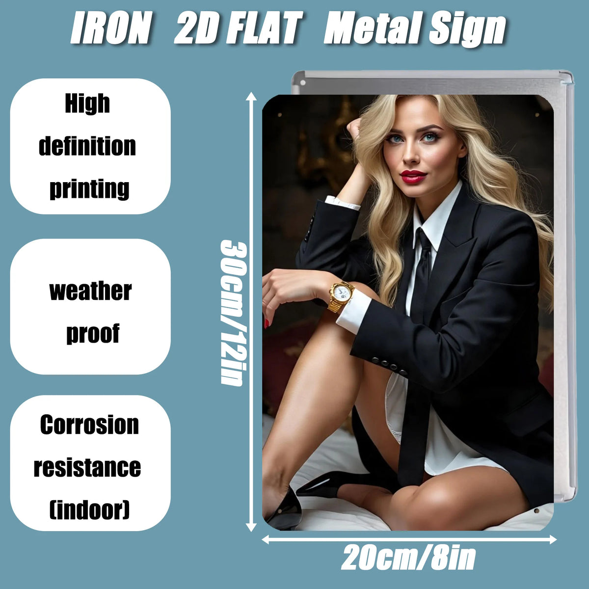 2D Vintage Businesswoman Metal Wall Sign 8x12 Inch, Elegant Outfit & Watch Design, Metal Wall Art for Home Office Cafe Bar Club