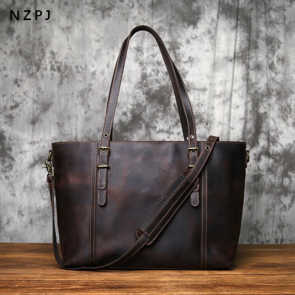 NZPJ Vintage Genuine Leather Tote Bag Crazy Horse Leather Handheld Crossbody Bag Top-Grain Cowhide Briefcase for Men and Women