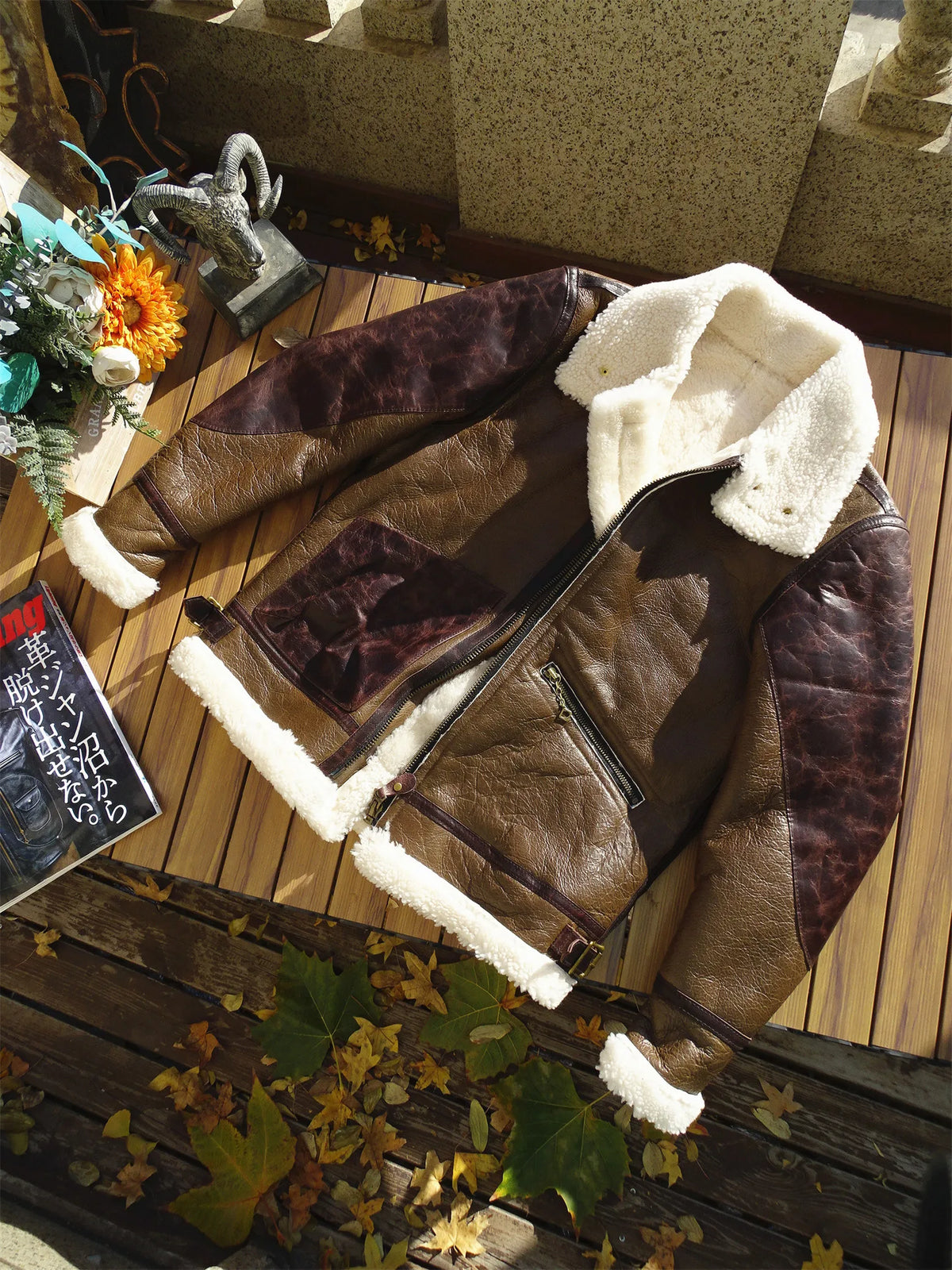 Men's B-3 Bomber Shearling Jacket Brown Black Two-Tone Genuine Leather Winter Warm Flight Pilot Coat Vintage Spliced