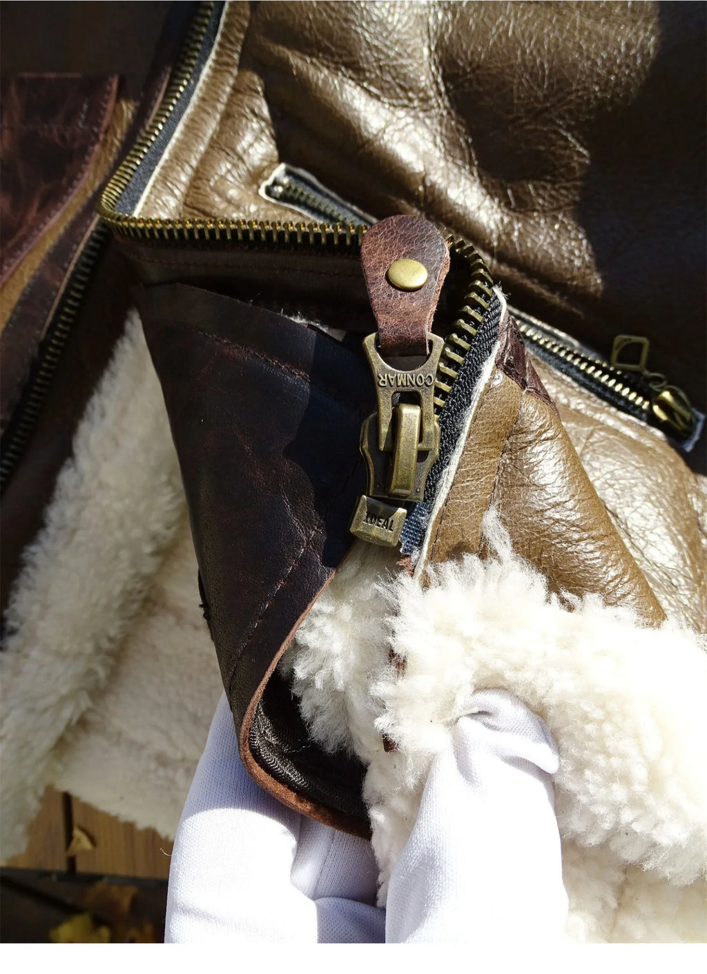 Men's B-3 Bomber Shearling Jacket Brown Black Two-Tone Genuine Leather Winter Warm Flight Pilot Coat Vintage Spliced