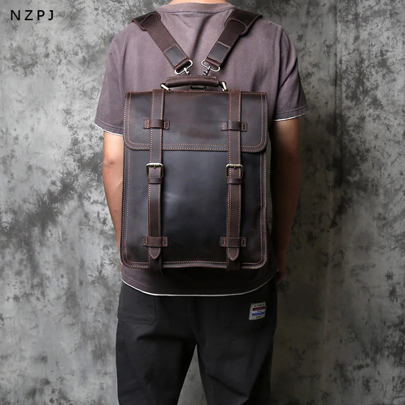 NZPJ Vintage Genuine Leather Men's Shoulder Bag Top Layer Cowhide Crossbody Bag Crazy Horse Leather Handheld Briefcase Laptops