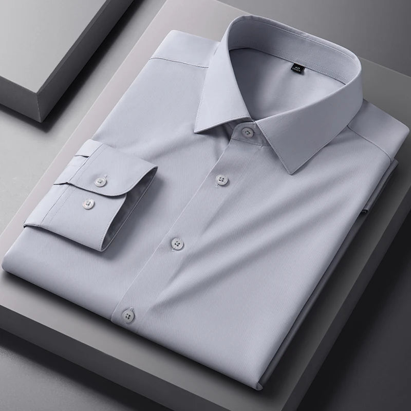 Bamboo Fiber Solid Color Long Sleeve Shirts for Men Slim Fit Formal Plain Shirt Work Anti-Wrinkle Tops Soft Office Clothes