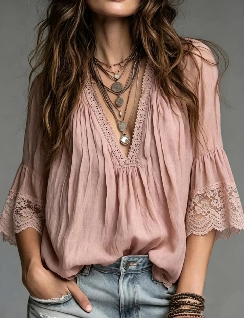 White Sky Blue Pink Lace Patchwork V-neck Shirt Polyester Pure Color Loose Fit Seven Sleeve Princess Style Elegant Ballet