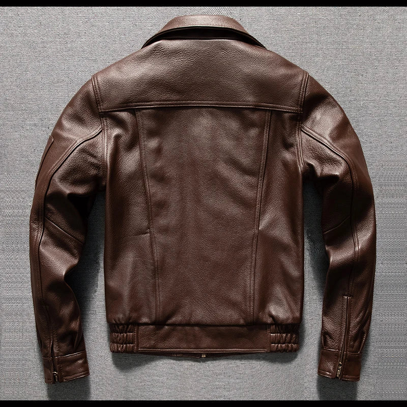 Men's Brown Leather Jacket  Vintage Flight Jacket with Stand Collar, Military Style, Front Zipper, Sleeve Pocket, Ribbed Hem