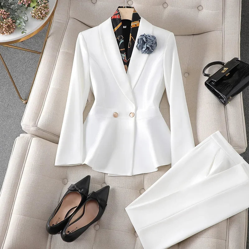 Professional Women's White Slim Fit Workwear Set Fashionable Commute Suit Knee-Length Polyester Fiber Midi Skirt
