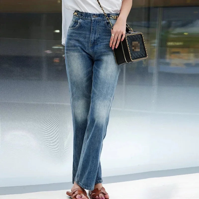 Elegant High-Waisted Slimming Jeans Trendy European And American Style Yellow Flower Cotton Chain Washing Denim Pants