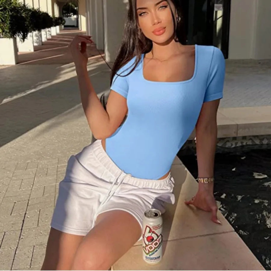 Summer 2026 Women's Yoga One-Piece Exercise Sportswear Short Sleeve Ribbed Ultra-Short Length Solid Color Fashionable Elegant