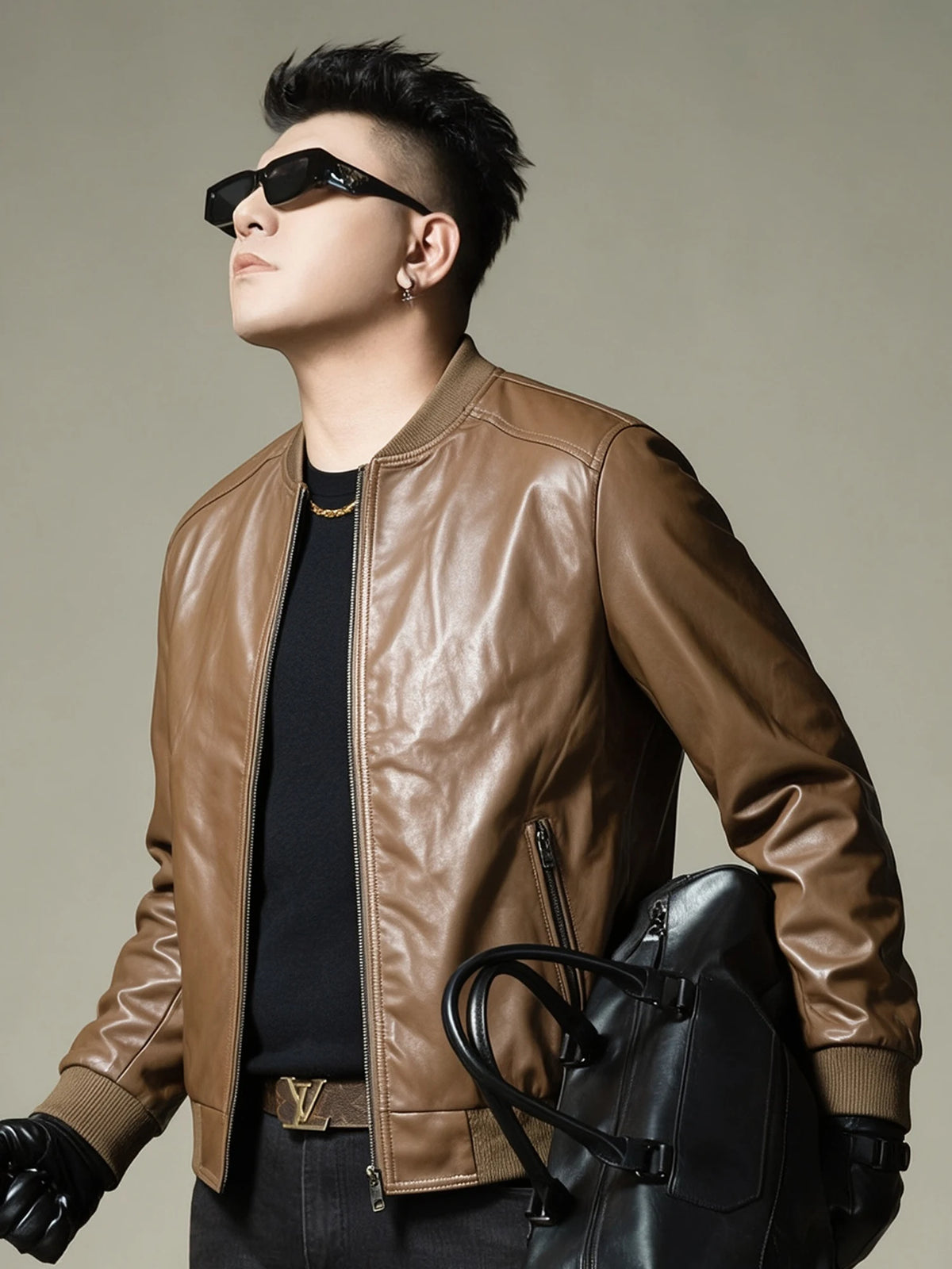 2026 Autumn New Men's Baseball Collar Biker Style Casual Leather Jacket High End Fashion Outerwear Slim Fit Long Sleeve Zipper
