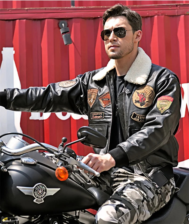Black Winter Leather Jacket Men Retro Style Europe Size Genuine Natural Thick Sheepskin Turn-Down Collar Military G1 Flight Coat